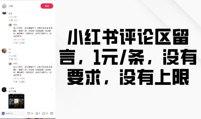 小红书评论区留言，1元条，没有要求，没有上限-中创网_专注互联网创业,项目资源整合