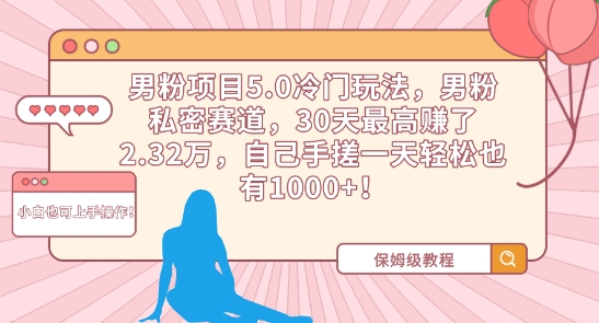 男粉项目5.0冷门玩法，男粉私密赛道，30天最高赚了2.32万，自己手搓一天轻松也有1000+【揭秘】-中创网_专注互联网创业,项目资源整合
